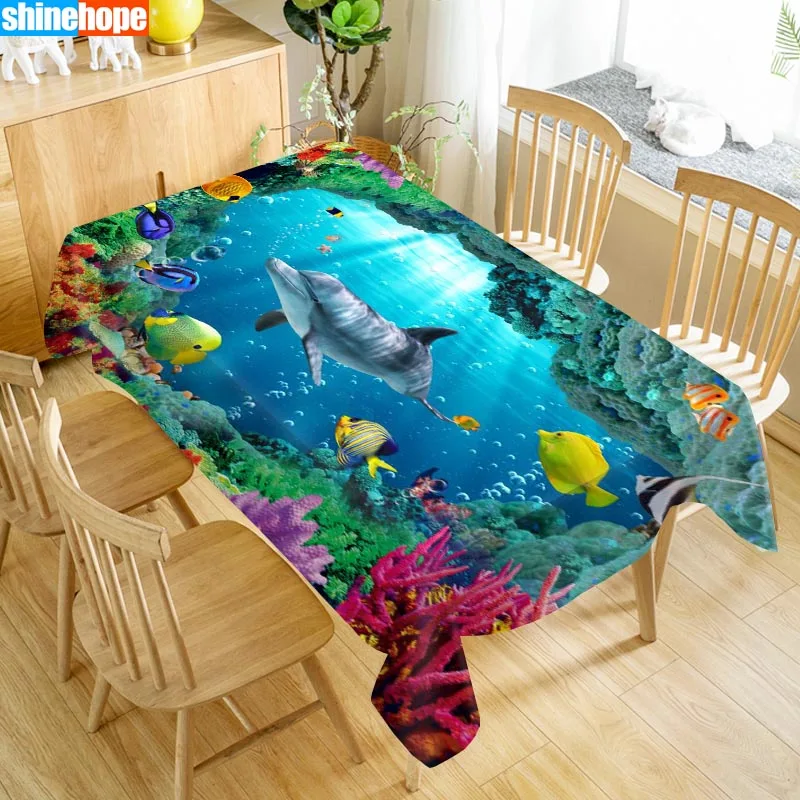 Underwater World 3D Tablecloth Dolphins Shark Christmas Animals Beach Washable Cloth Thicken Rectangular Wedding Table Cloth