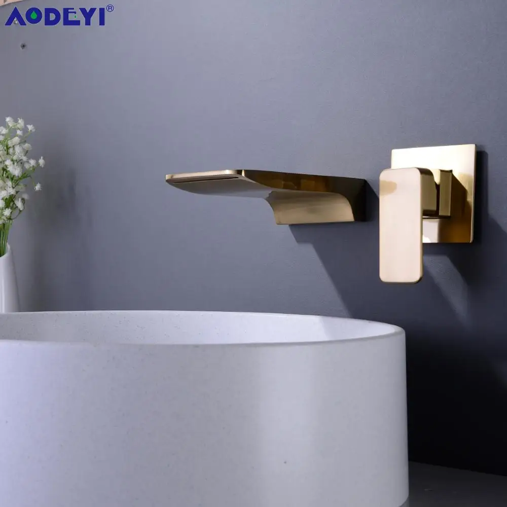 AODEYI Concealed Brass Waterfall Bathroom Sink Mixer Taps 1/2 CD Brushed Gold Single Handle Basin Mixing Faucet, 12-078G