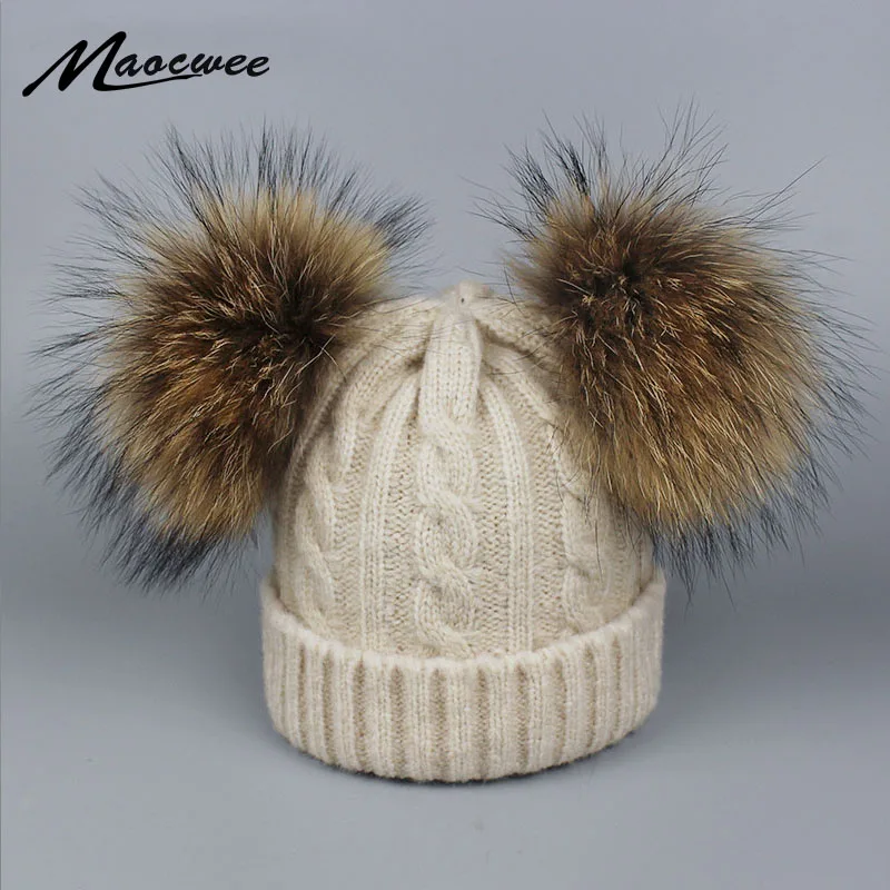 

Children Real Fur Raccoon Pompom Hat Skullies Baby Boys Girls Winter Beanie Hats Wool Knitted Caps for Kids 0-3 years