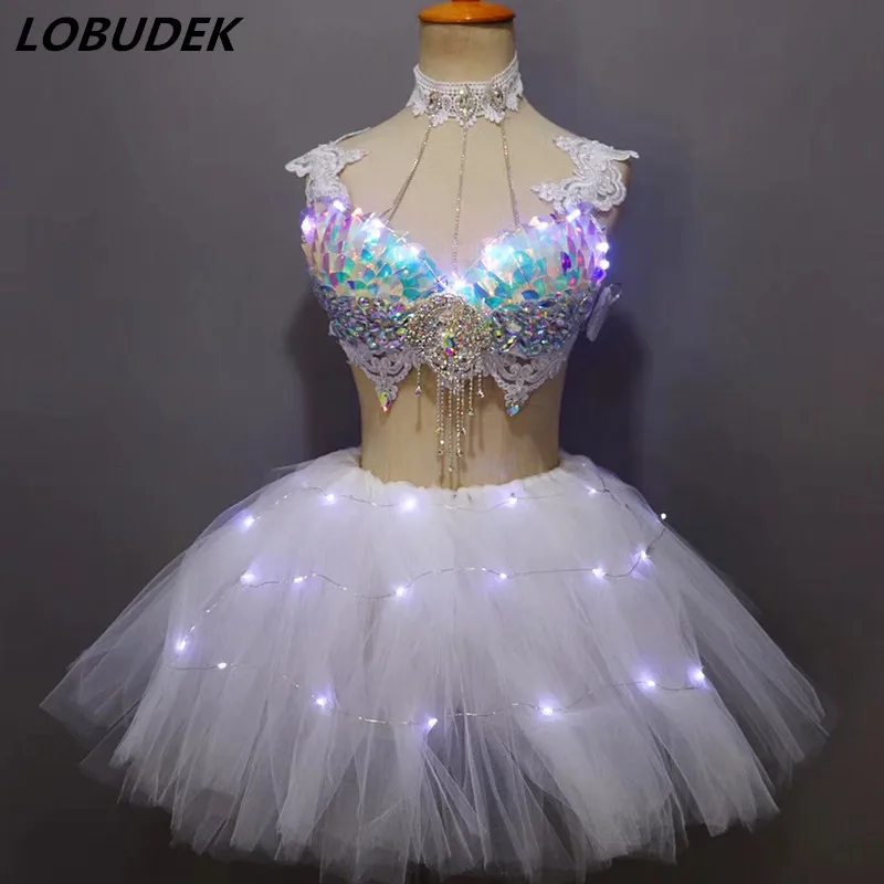 Colorful Sequins Rhinestones Bikini Tutu Skirt Set Nightclub Bar DJ Singer DS Costume Party Performance Outfit LED Dance Wears