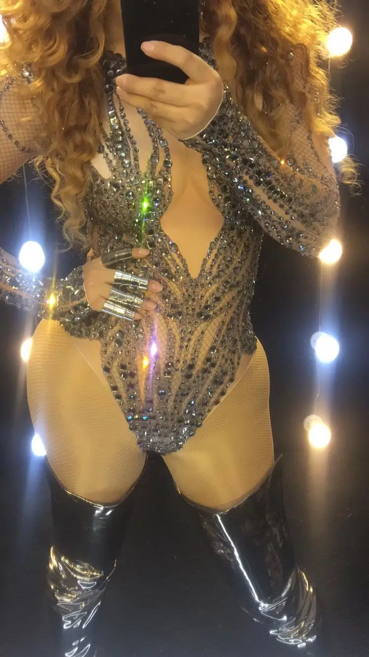 Sequin Black Crystal Leotard Beyonce Bodysuit Clothes Night Club Stage Performance Female Singer Female gogo DJ costume Bar