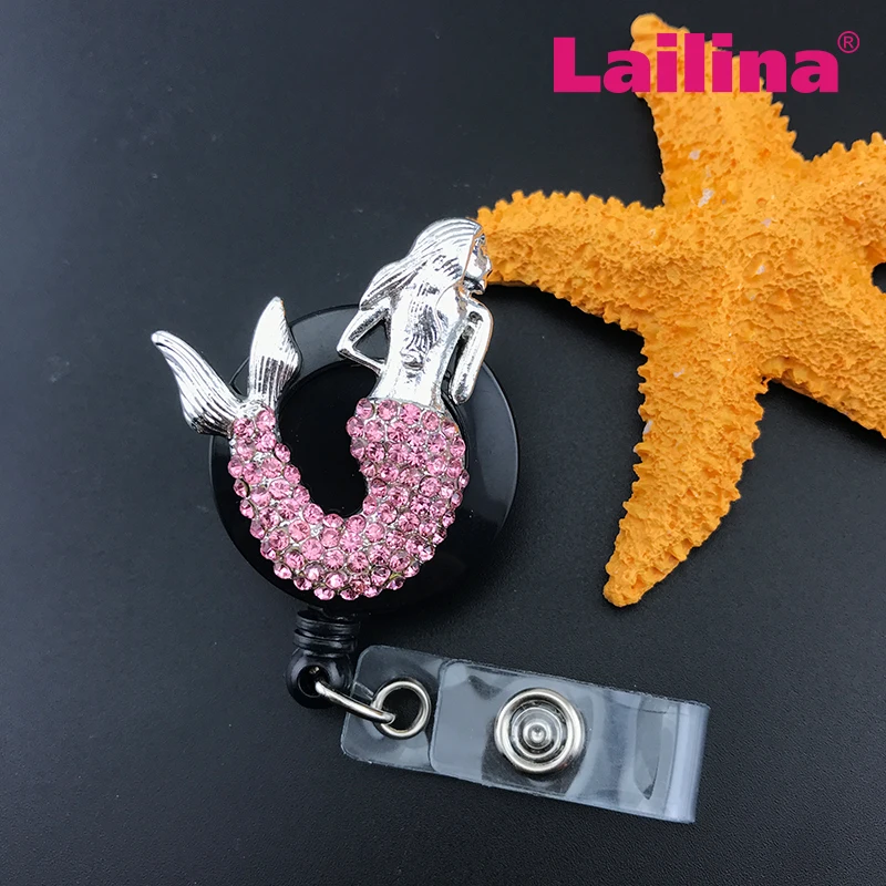 

Rhinestone Mermaid ID badge nurse brooch, pink Daughter of the Sea ID badge reel