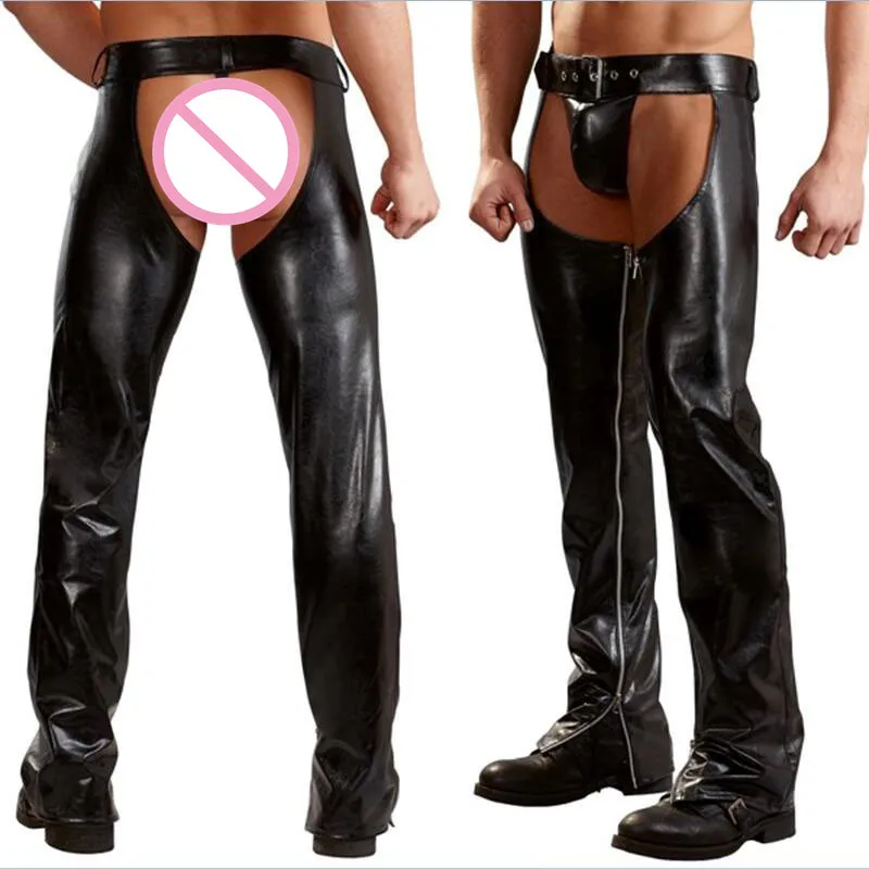 

Sexy Men Faux PU Leather Crotchless Pants Wetlook Black Side Zipper Trousers Nightclub Open Front Leather Pants Exotic Lingerie