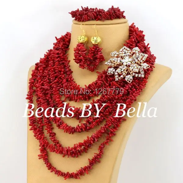 New Red Nigerian Wedding African Beads Jewelry Set Coral  Necklace Coral Beads Jewelry Set  Free Shipping ABS068-1