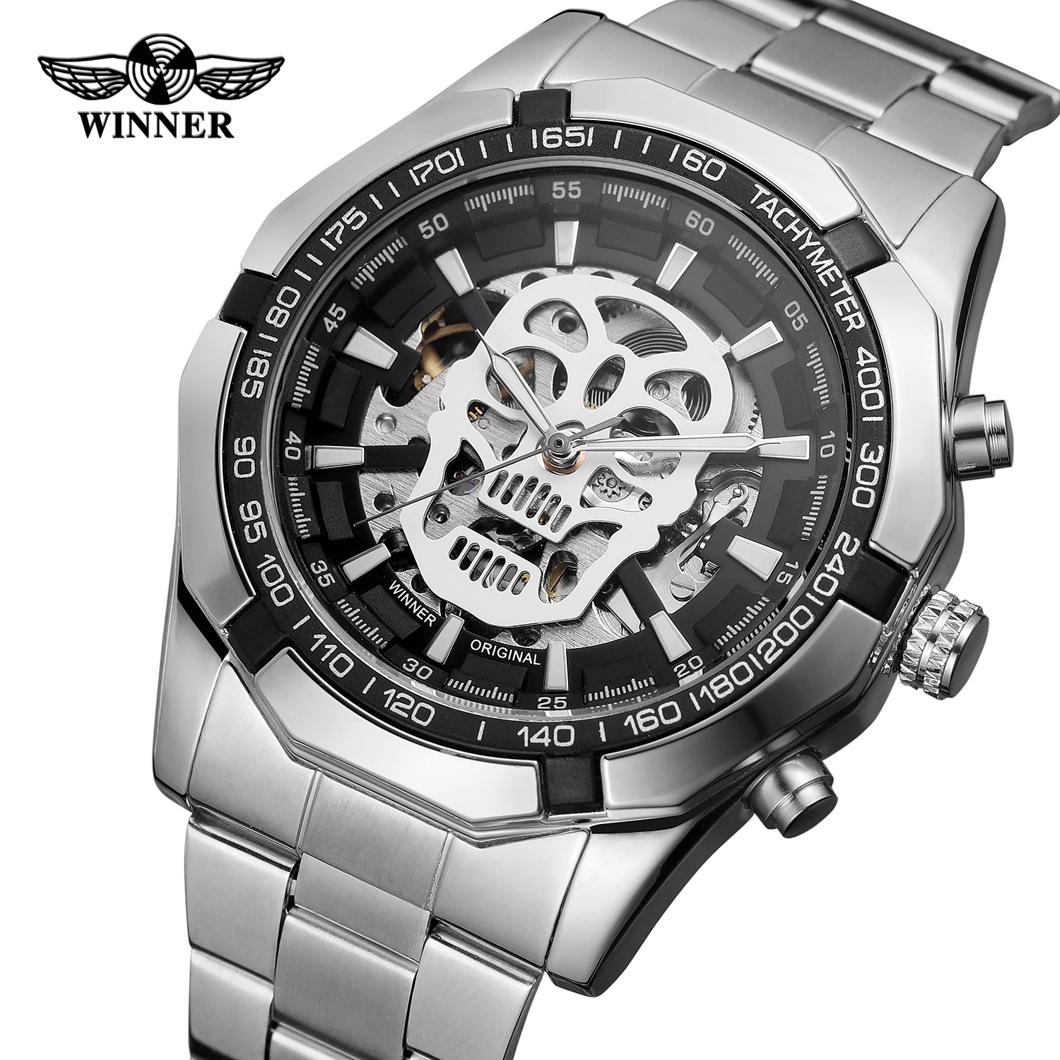 Fashion WINNER Top Steampunk Skull Auto Mechanical Watch Men Black Stainless Steel Strap Skeleton Dial Cool Design Wrist Watches