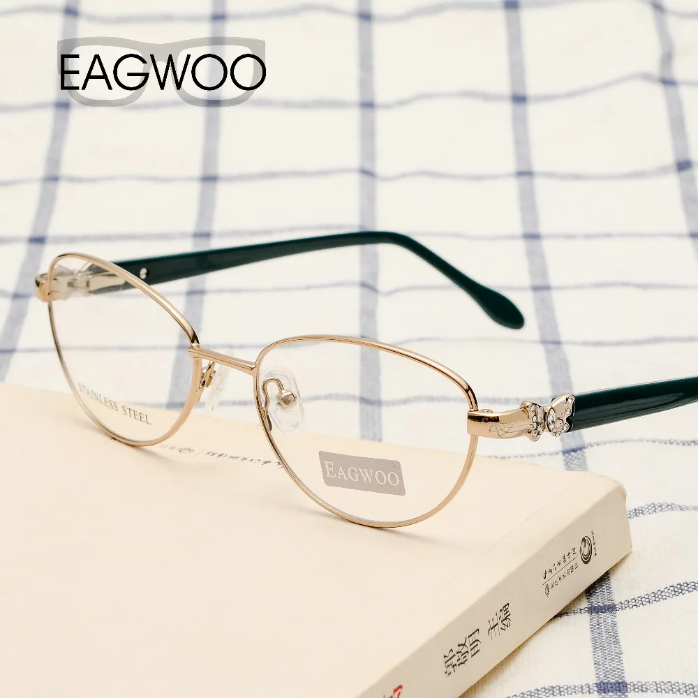 EAGWOO Women Cat Eye Designed Diamond Eyeglasses Full Rim Optical Frame Prescription Eye Glasses Butterfly Red Temple 7805