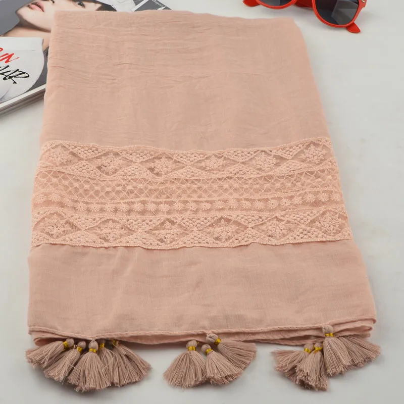 Scarves Women High Fashion Cotton Head Scarf,Plain Lace Muslim Hijab,Lace Tassels Shawls Wraps Cape Female.British Style