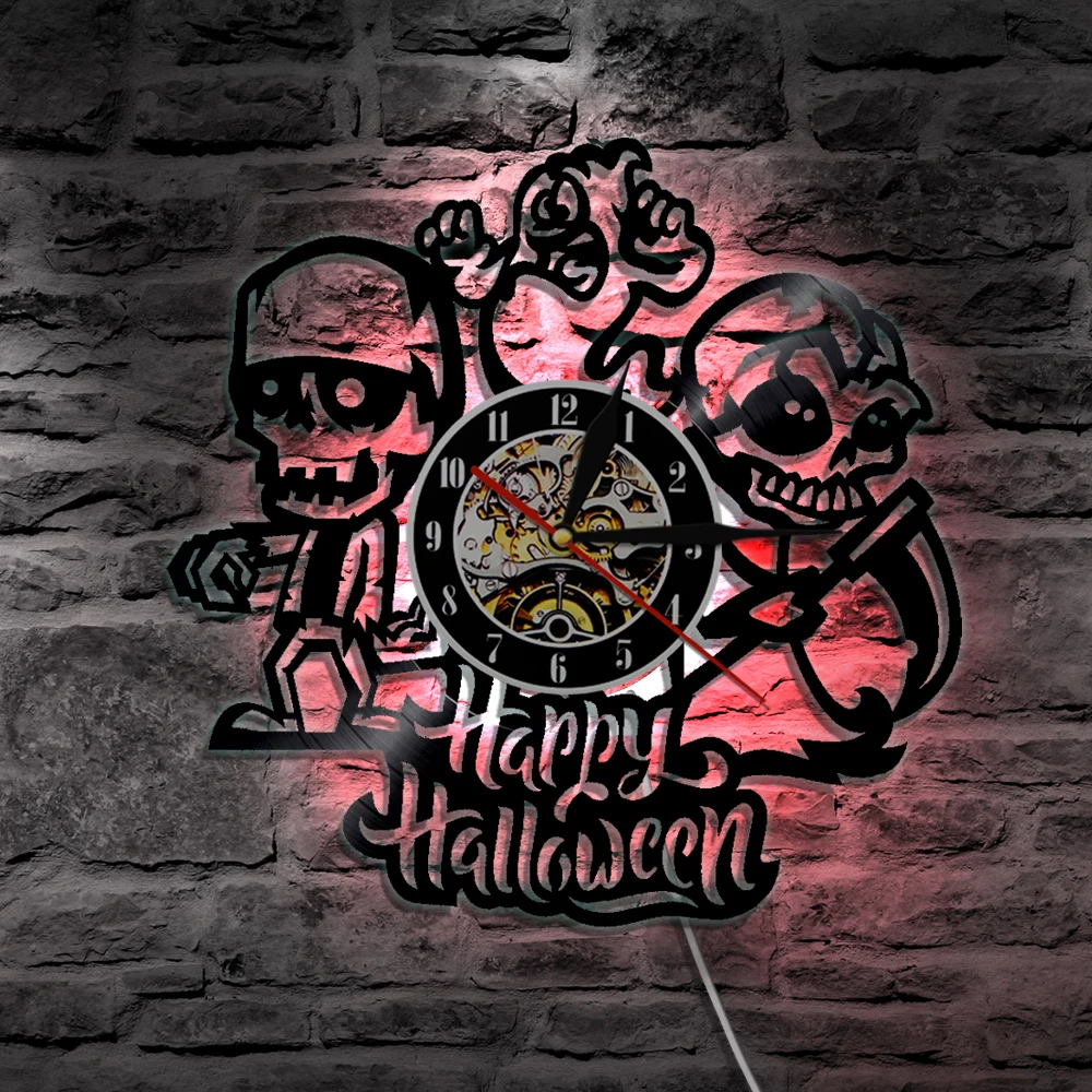 Happy Halloween Vinyl Record Wall Clock Skulls Led Lighting Wall Lamp Vintage LP Wall Art Home Decor Gift For Children