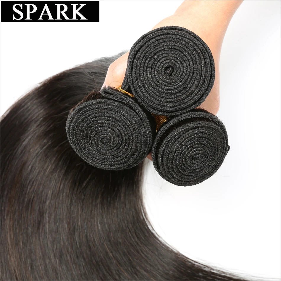 Spark Human Hair Straight Brazilian Human Hair Weave Bundles With Closure 100% Human Hair Extensions Natural Black Color Remy