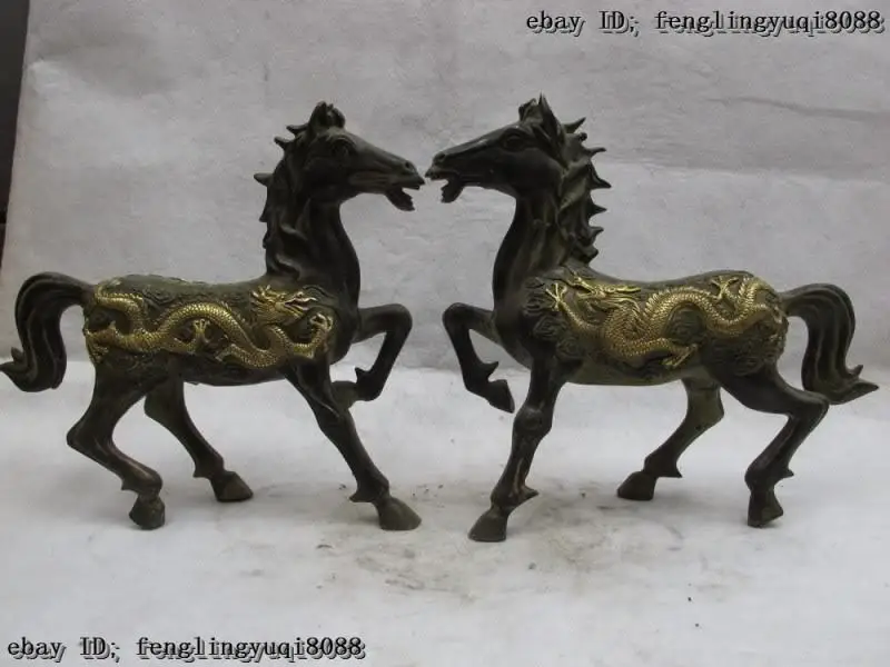 10 Folk Classic Bronze Copper Gilt Lucky Dragon phoenix leap running Horse Pair