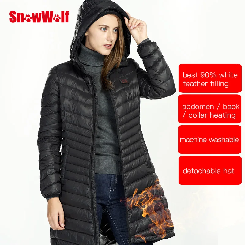 SNOWWOLF  Women Winter Duck Down Jacket USB Infrared Heated Hooded Long Outdoor Sport Camping Fishing Thermal Heating Coat