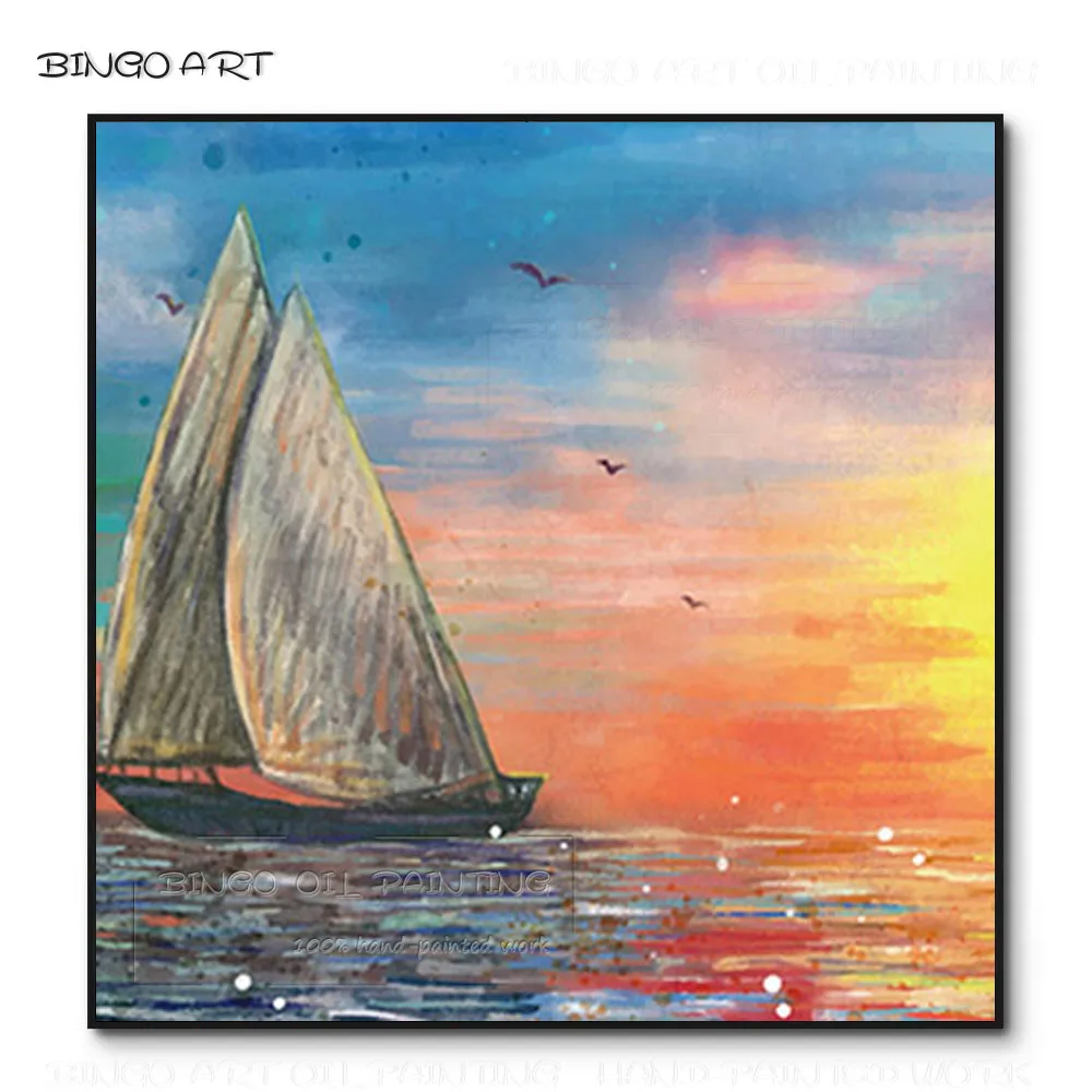 

Professional Artist Hand-painted High Quality Colorful Sunset Landscape Boating Oil Painting Rich Colors Landscape Oil Painting