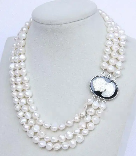 

Free Shipping 16"-18" 3row 9mm white pearls necklace seashell clasp E2733