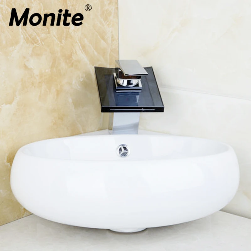 

Monite Black Waterfall Glass Spout Solid Brass Bathroom Sink Faucet With Ceramic WashBasin Countertop Chrome Faucet Mixer Tap