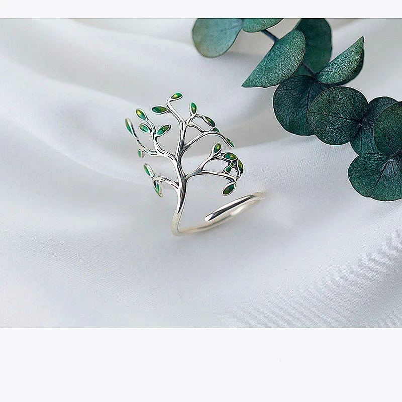 SOFTPIG Exquisited Tree Shape Women Sterling-925silver Women Ring  Trendy Green Spray Paint Leaf Fine Jewelry Bijoux