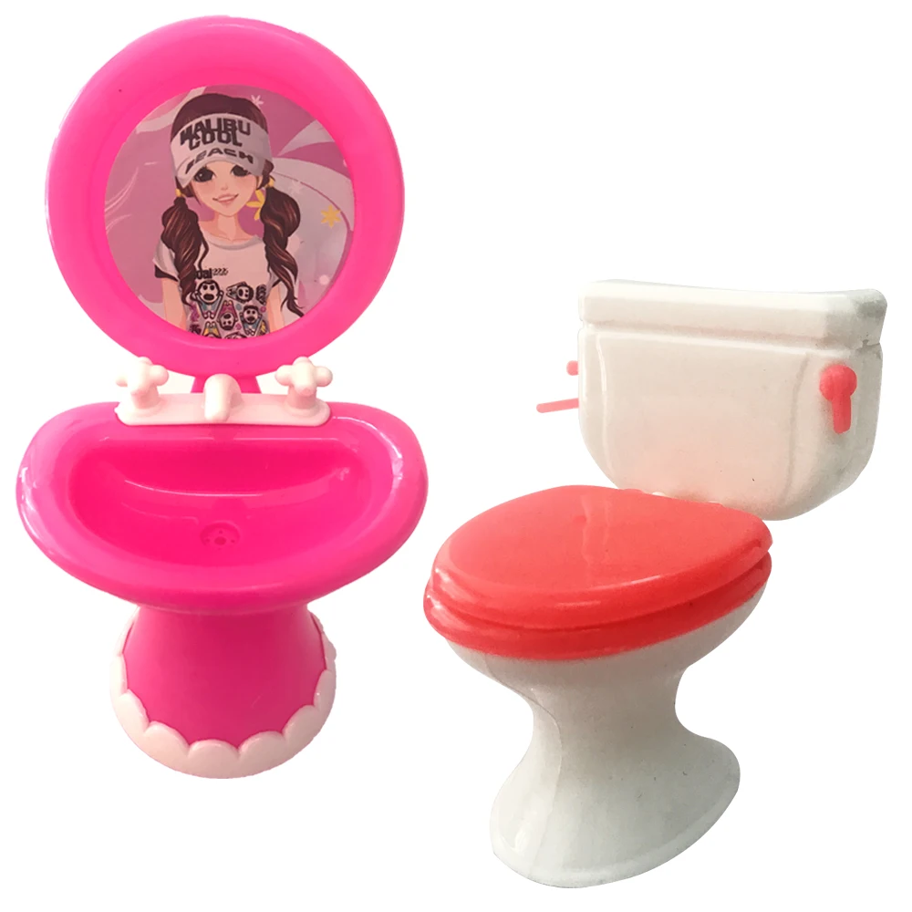 NK 2 Items=Closestool+Washbasin Toilet Wash Devices Dollhouse Furniture Bathroom Set For Barbie Doll Accessories Children Toy