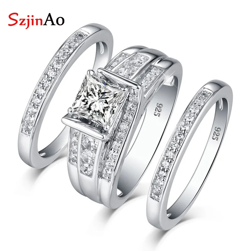 Szjinao 3 pçs conjunto de anel de casamento para mulher prata esterlina 925 moissanite diamante jóias de luxo para o noivado com certificado jm