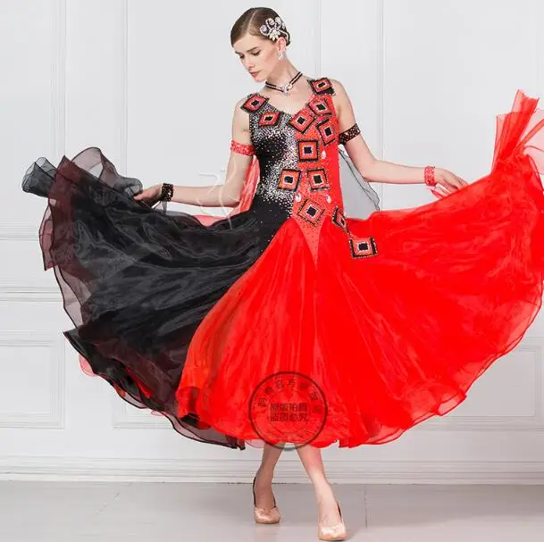 Adult women Modern dance one-piece dress expansion skirt to practice skirt one-piece ballroom dress long sleeve red black 1980