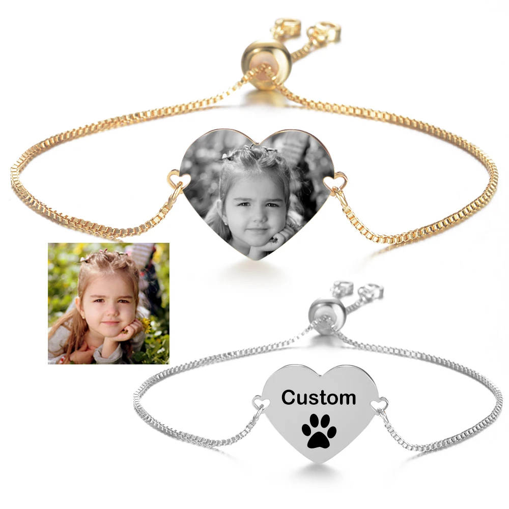 Pulsera personalizada con grabado láser para mujer, brazalete ajustable de acero inoxidable con foto, nombre, fecha, corazón, etiqueta de
