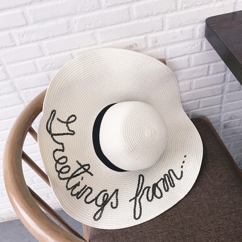 2018 Summer Large Brim Sun Hats For Women Fashion Sequins Letter do not disturb Embroidery Folded Floppy Hat Bohemia Beach Cap