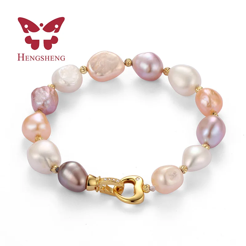 

HENGSHENG 2025 New Arrival 9-10mm Baroque Pearl Bracelets for Women, White Pink Purple Colorful Baroque Pearl with Silver Clasp