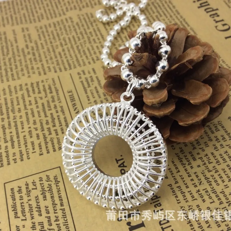 S990 sterling silver necklace female round hollow lock pendant