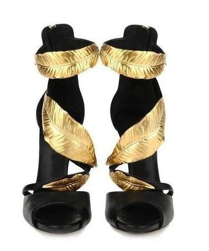 Gullick Big Size Gold Leaves Sandals High Heel Cut Outs Ankle Wrap Open Toe Summer Dress Shoes Zipper Thin Heels Cage Shoes