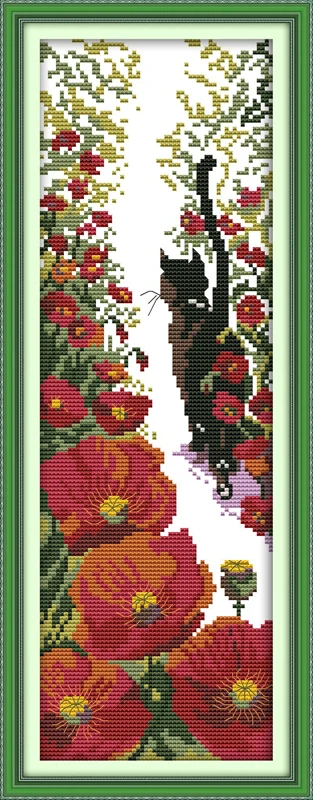 Follow me cross stitch kit bothy thread cat poppy flower 14ct printed 11ct canvas stitches embroidery DIY handmade needlework