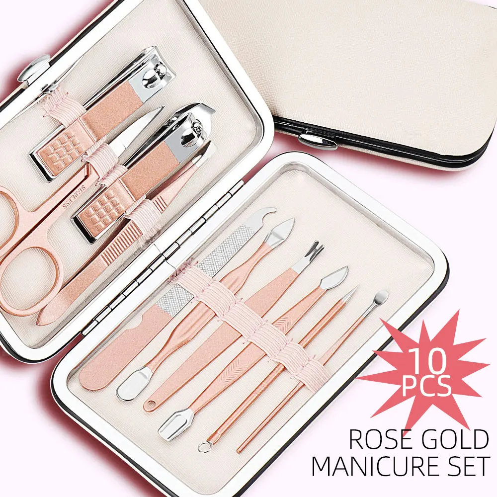 

10pcs/set Rose Gold Manicure Nail Tools Double Sided Cuticle Pusher Nail Clipper Eyebrow Scissor Tweezer Picker Stainless Steel