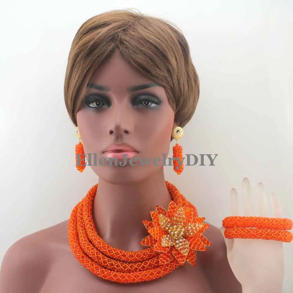 Luxury African Beads Jewelry Set Flower Pendant Necklace Orange Nigerian wedding beads Bridal Jewelry Set for Women W13298