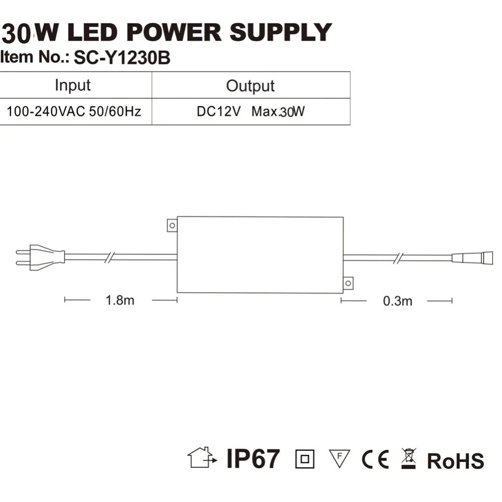 Driver de fonte de alimentação impermeável para transformador de luz LED, interior ou exterior, IP67, DC12V, 30W, UE, EUA, Reino Unido, AU Plug, 100