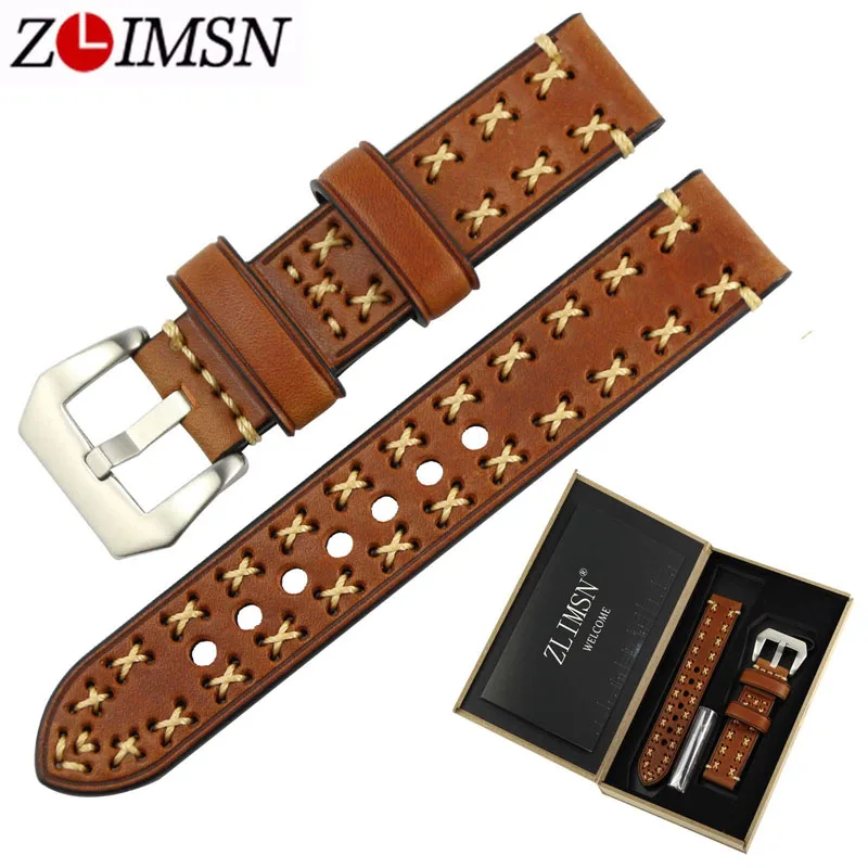 

ZLIMSN Thick Real Genuiue Leather Men Watch Band Straps 20 22 24 26mm Watchbands Brown Grey Stainless Steel Silver Pin Buckle