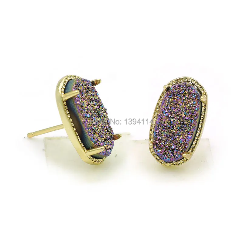 

14*7mm Titanium Coated Agate Druzy Hexagon Prong Setting Stud Earrings Gold Plated