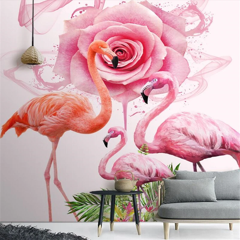 

Beibehang Custom wallpaper HD hand-painted romantic rose flamingo entrance living room walls decorative painting 3d wallpaper