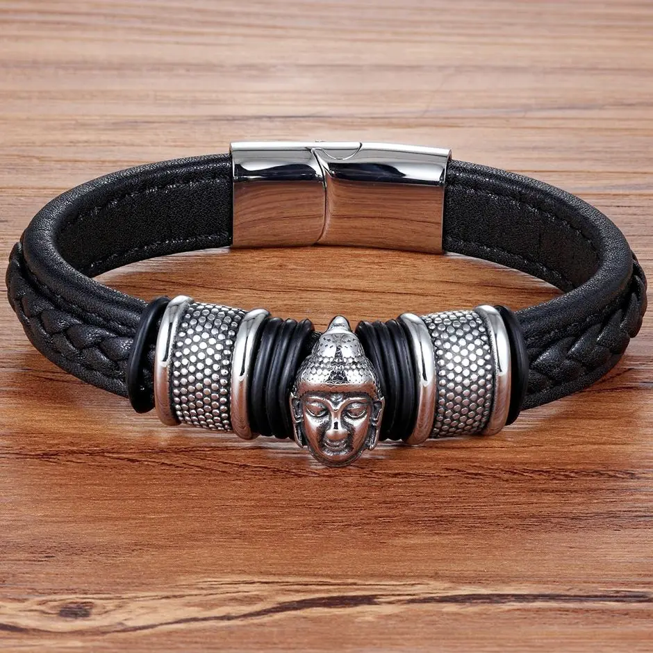 XQNI Genuine Leather Bracelet & Bangle Buddha Head Accessories with Stainless Steel for Blessing Men Bracelet Lucky Jewelry