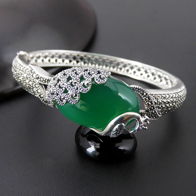 

S925 Sterling Silver Retro Thai Silver Green Agate Peacock Open Ended Bangle Fashion Retro Ladies Bangle