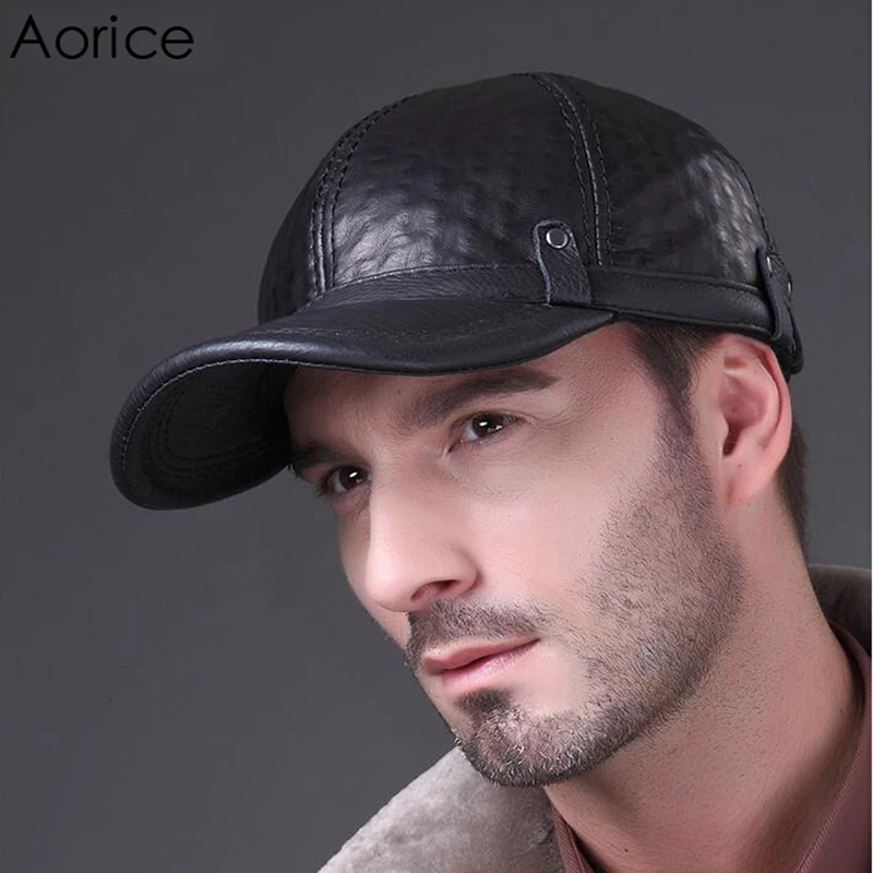 Aorice Fashion Men's Real Genuine Leather Baseball Hat Cadet Cap Biker Motorcycle Star Studded Men High Quality Warm Caps HL070