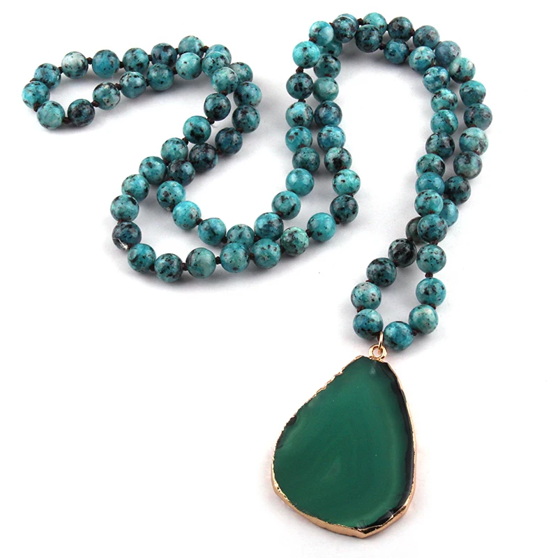 Fashion Semi Precious Stones Long Knotted Stone Agat Drop Pendant Necklaces Women Ethnic Necklace