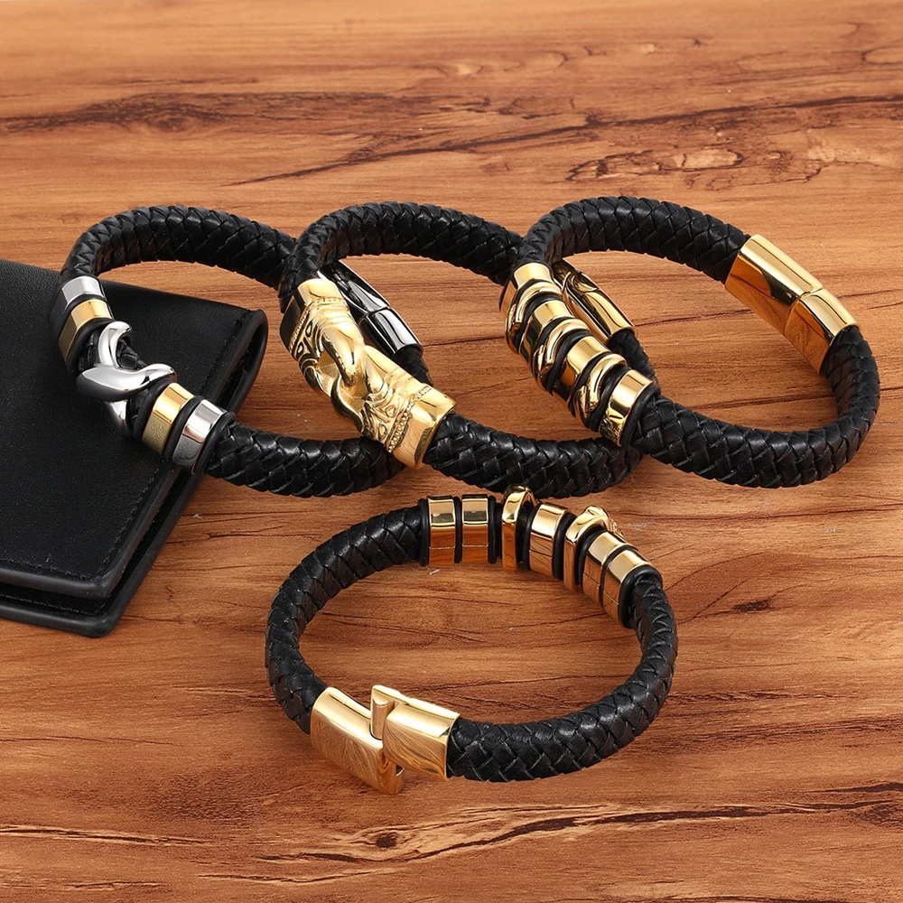 TYO Wholesale Vintage Stainless Steel Charm Bracelet Braided Leather Handmade Bracelets for Men Jewelry 7.5\'\'/8.3\'\'/9.1\'\'