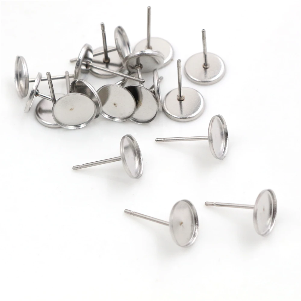 

(No Fade) 20pcs 8mm 10mm Stainless Steel Earring Base Studs Ear Cameo Settings Cabochon Base Tray Blank (With Back)