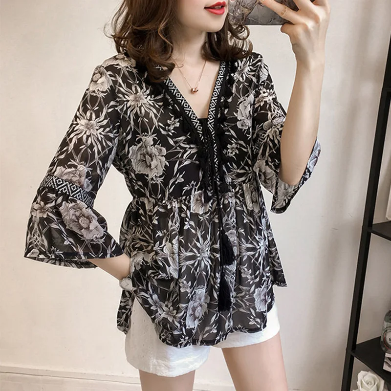 Bé Gái mùa hè Áo Sơ Mi Voan Size Lớn Rời V-cổ áo Nữ TOP Tua Rua Ba Phần Tư Tay Loe In Nữ Casual áo kiểu H9002