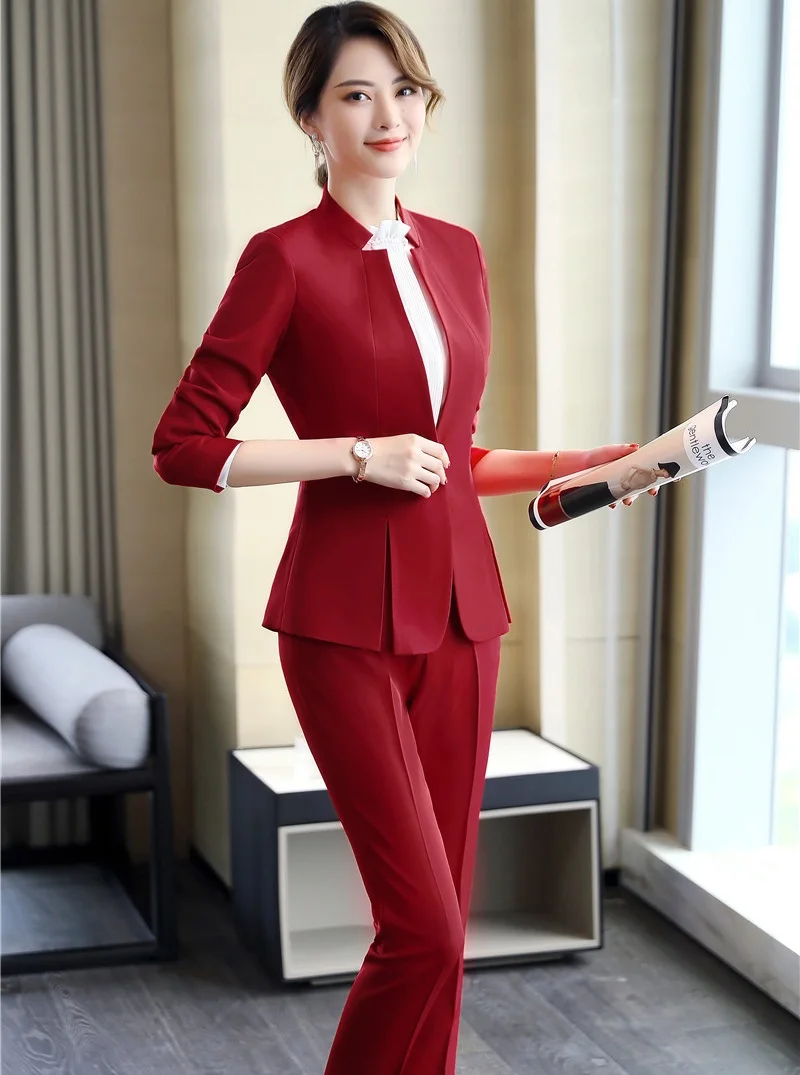 Fashion Red Formal Professional Business Suits Blazers Jackets And Pants Ladies Office Work Pants Suits Female Blazer Sets