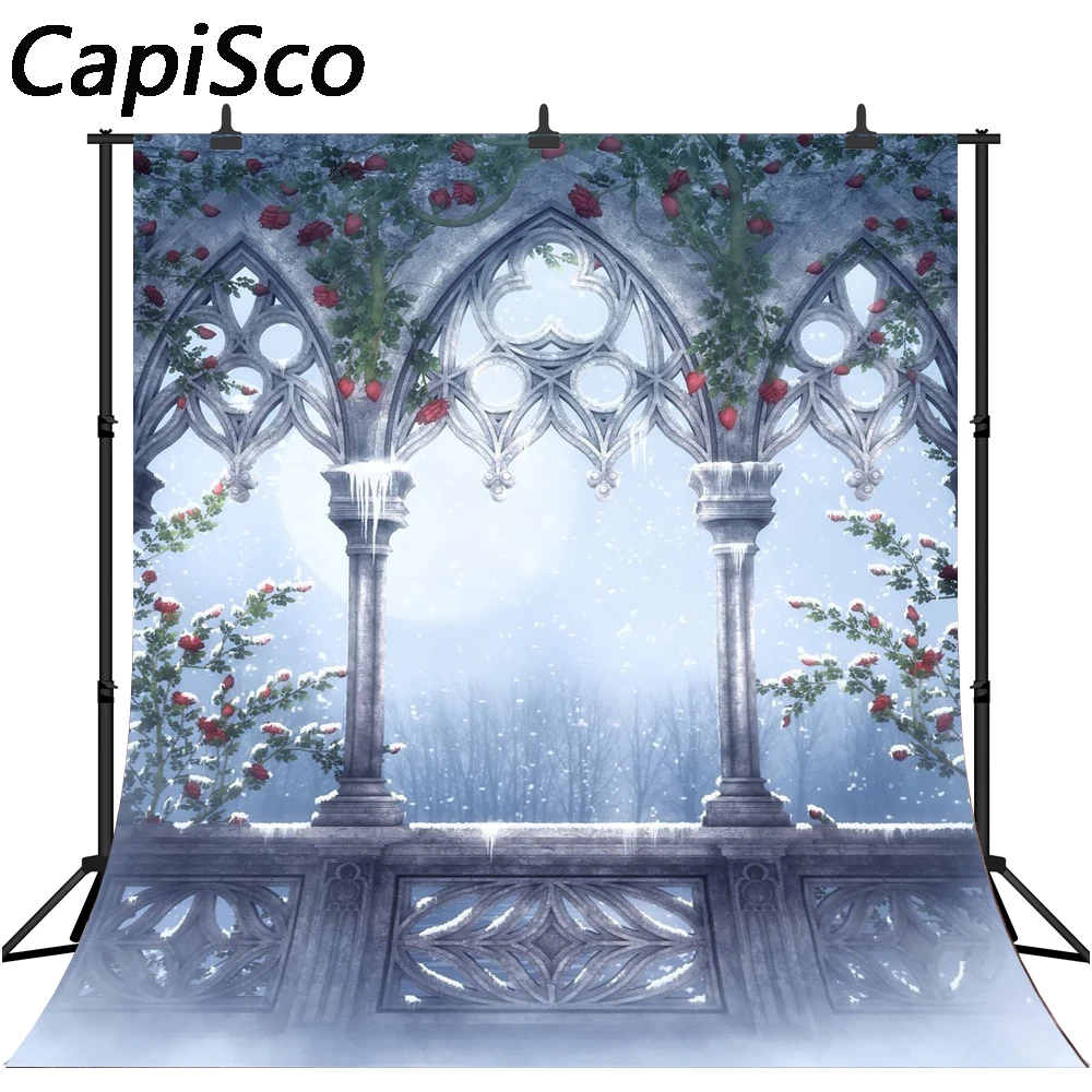 Capisco Interior Castle Christmas Party Backdrop Red rose Vines moon Light Arch Window Winter Snow Scenic Photo Background