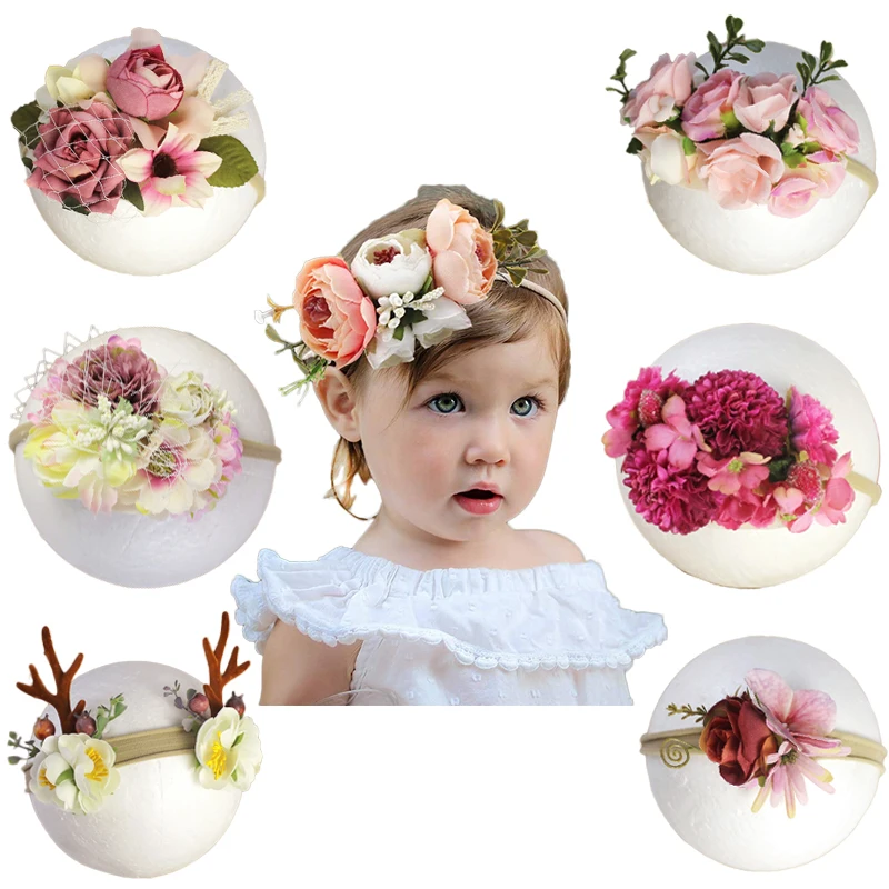 Baby Girl Flower Crown Elastic Headband Stretch Bands Infnat Kids Photography Props Accessories Toddler Hair  Wear Handmade