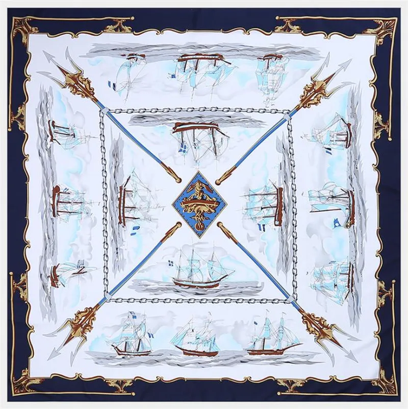 

POBING 100% Silk Scarf Women Large Shawls Spain Warship Print Stoles Square Bandana Hijab Luxury Kerchief Female Foulards 130CM