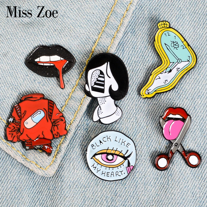 Pill Eyeliner Tongue Lips Enamel Pins Twisted Clock Girl Brooches Denim Shirt Lapel Pin Bag Punk Cool Jewelry Gift for Friends