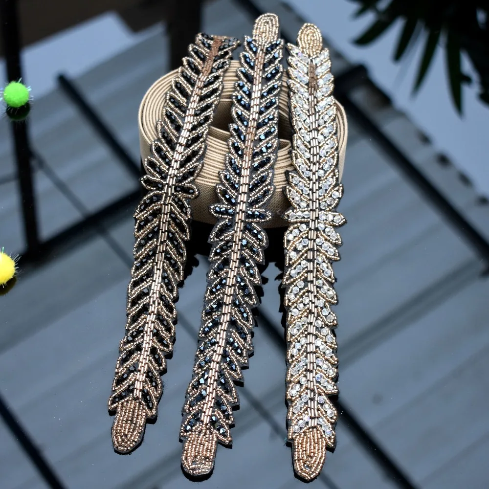 Long leaves leaf handmade applique cystal rhinestones bead embroidered trim tassel lace fringe DIY sew belt patch bridal