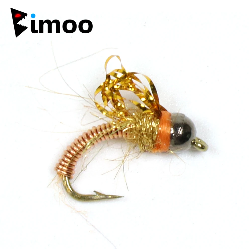 Bimoo-Cabeza de cuentas de tungsteno, alambre de cobre, Baetis Nymph, Mosca, trucha, pesca, moscas, capó, vengadores, hundimiento rápido, #14, 6 uds.