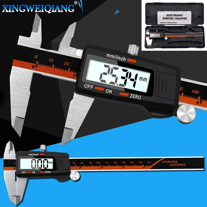 Paquímetro Vernier Digital Eletrônico em Micrômetro Metálico Ferramenta de Medição 0150 mm Aço Inoxidável
