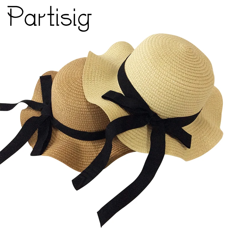 Girls Summer Cap Black Ribbon Decorate Wavy Straw Hat For Girls Children Panama Hat Kids Sun Cap Baby Beach Hats